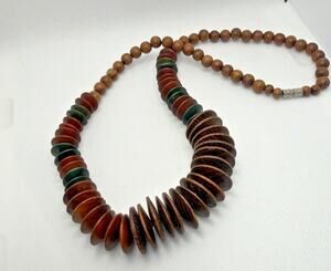 Vintage Wooden Disc Bead Necklace Chunky Graduated Boho Brown Green Tones 20"